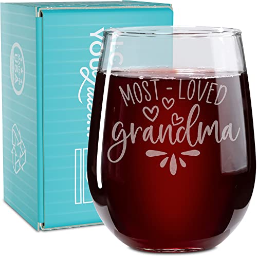 On The Rox Drinks Wine Gifts for Grandmother - 17 Oz Most Loved Grandma Engraved Stemless Wine Glass