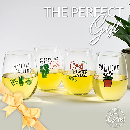 Succulent Plant Cactus Wine Gifts for Women- Set of 4 Funny Wine Glasses 15oz