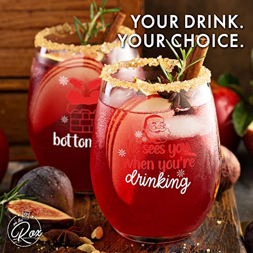 Santa Printed Stemless Wine Glass Set of 4 - Christmas Cocktail Glasses and Drinkware by On The Rox Drinks
