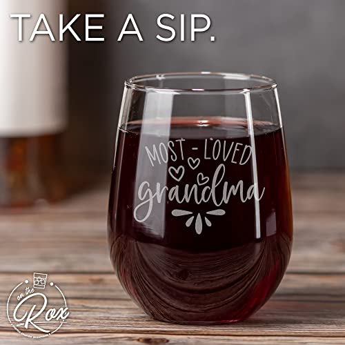 On The Rox Drinks Wine Gifts for Grandmother - 17 Oz Most Loved Grandma Engraved Stemless Wine Glass