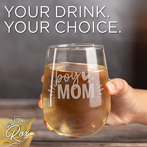 On The Rox Drinks Wine Gifts for Mom- 17Oz “Boy Mom” Engraved Stemless Wine Glass