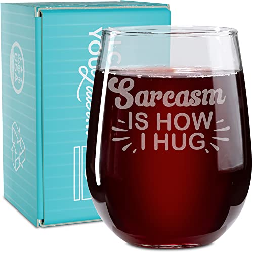 On The Rox Drinks Wine Gifts for Mom - 17 Oz Sarcasm Is How I Hug Engraved Stemless Wine Glass