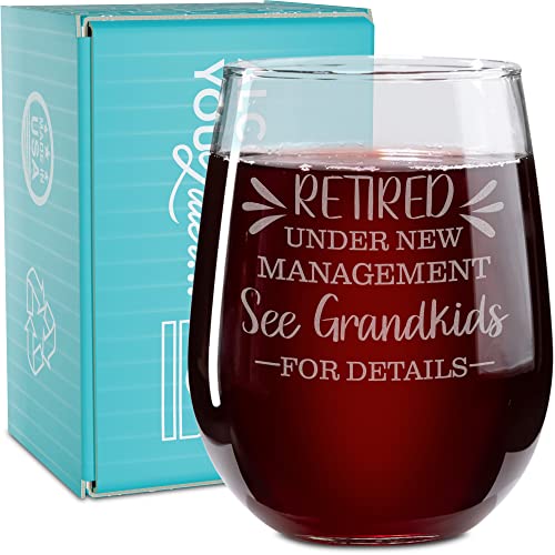On The Rox Drinks Wine Gifts for Grandma - 17 Oz Retired Under New Management, See Grandkids for Details Engraved Stemless Wine Glass