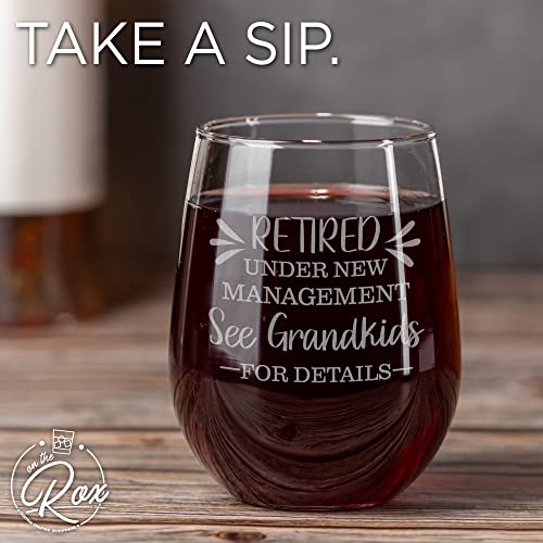 On The Rox Drinks Wine Gifts for Grandma - 17 Oz Retired Under New Management, See Grandkids for Details Engraved Stemless Wine Glass