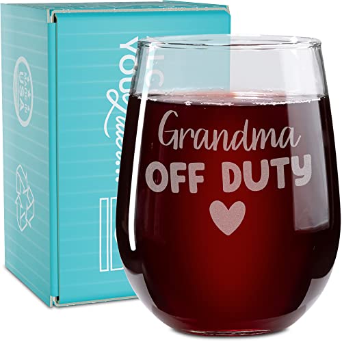 On The Rox Drinks Wine Gifts for Grandmoms - 17 Oz Grandma Off Duty Engraved Stemless Wine Glass