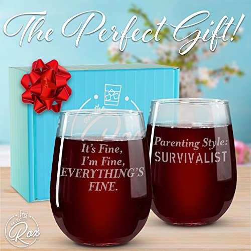 On The Rox Drinks Wine Gifts for Moms - 17oz Everything's Fine and Survivalist Stemless Wine Glass Set of 2