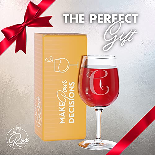 On The Rox Drinks Monogrammed Gifts for Women - A-Z Personalized Wine Glasses Engraved- 12.75 Oz (C)