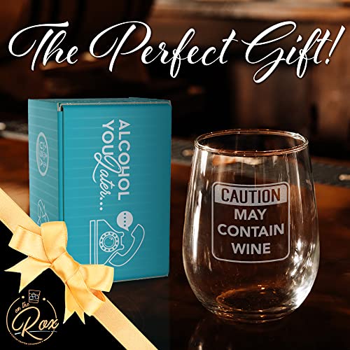 On The Rox Drinks Wine Gifts for Mom - 17 Oz Caution: May Contain Wine Engraved Stemless Wine Glass
