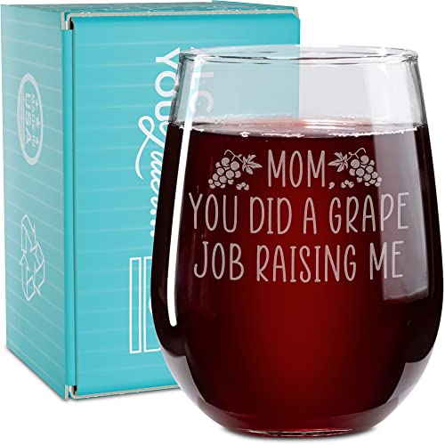 On The Rox Drinks Wine Gifts for Mom- 17Oz “Mom, You Did A Grape Job Raising Me” Engraved Stemless Wine Glass