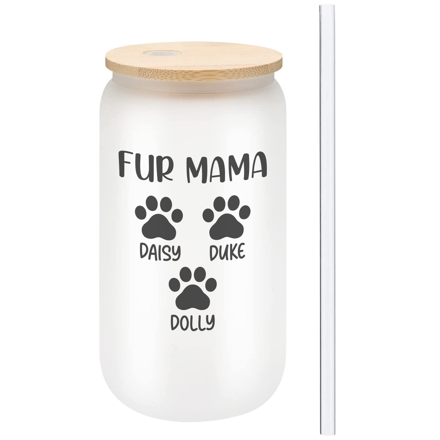 Personalized Fur Mom Gifts For Women - Custom 16oz Frosted Beer Can Glass With Pet Names - Fur Mama Gifts for Mother’s Day, Birthday Gift for Pet Parent  - 1PC With Bamboo Lid And Straw