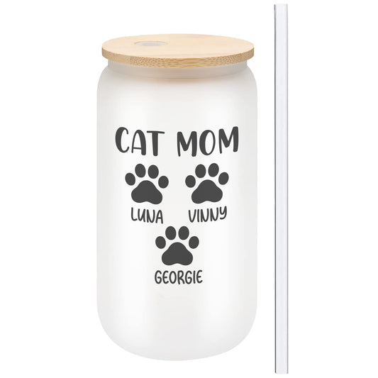 Personalized Cat Mom Gifts For Women - Custom 16oz Frosted Beer Can Glass With Cat Names - Cat Mom Gifts for Mother’s Day, Birthday Gift for Fur Mama  - 1PC With Bamboo Lid And Straw