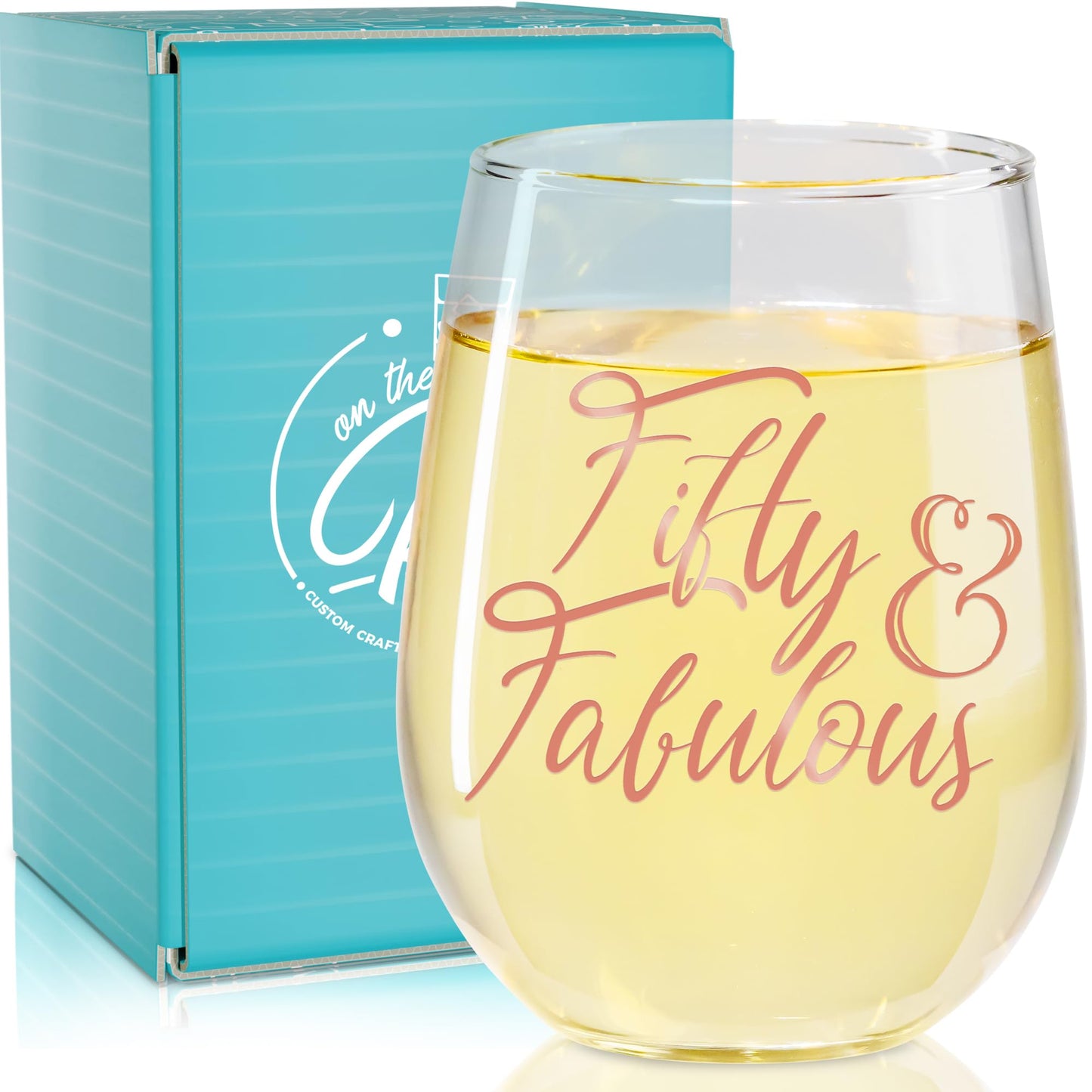 On The Rox Drinks 50th Birthday Stemless Wine Glass for Women - 50 & Fabulous - 17 oz