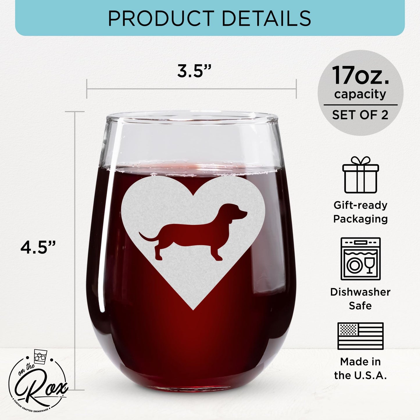On The Rox Drinks Dachshund Gifts for Dog Lovers - I Love Wieners Stemless Dog Wine Glass Set of 2- Funny Cup, Tumbler, Stuff for Pet-Loving Mom, Grandma - Weenie Dog Gifts For Women