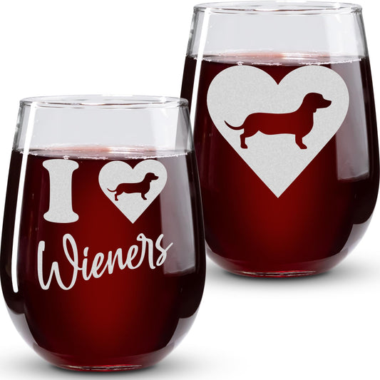 On The Rox Drinks Dachshund Gifts for Dog Lovers - I Love Wieners Stemless Dog Wine Glass Set of 2- Funny Cup, Tumbler, Stuff for Pet-Loving Mom, Grandma - Weenie Dog Gifts For Women