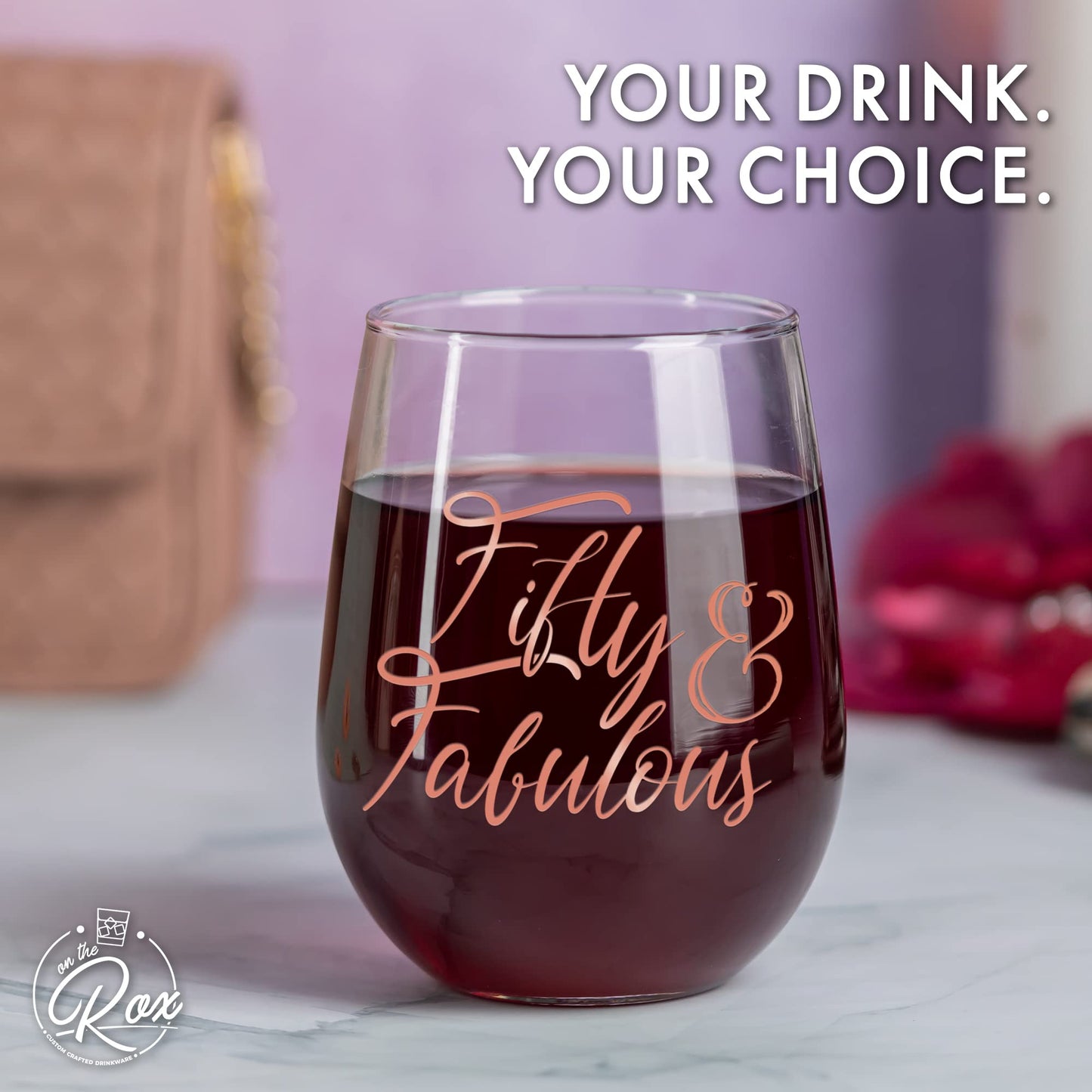 On The Rox Drinks 50th Birthday Stemless Wine Glass for Women - 50 & Fabulous - 17 oz
