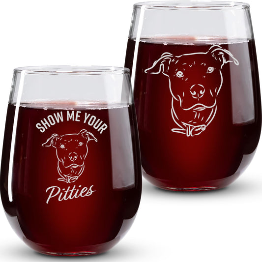 On The Rox Drinks Wine Pitbull Gifts for Pitbull Lovers - Show Me Your Pitties Stemless Wine Glass Set of 2- Funny Pit Bull Dog Lover Gifts for Mom, Grandma - Cute Pet Wine Glasses for Women