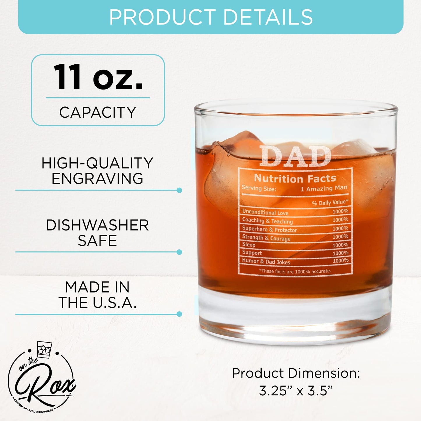 Whiskey Gifts for Dad- 11 Oz "Dad Nutrition" Engraved Whiskey Glass - Father's Day Gift, Dad Birthday Gifts From Daughter, Wife or Son - Bourbon Glass - Old Fashion Glass - 6 Designs To Choose From