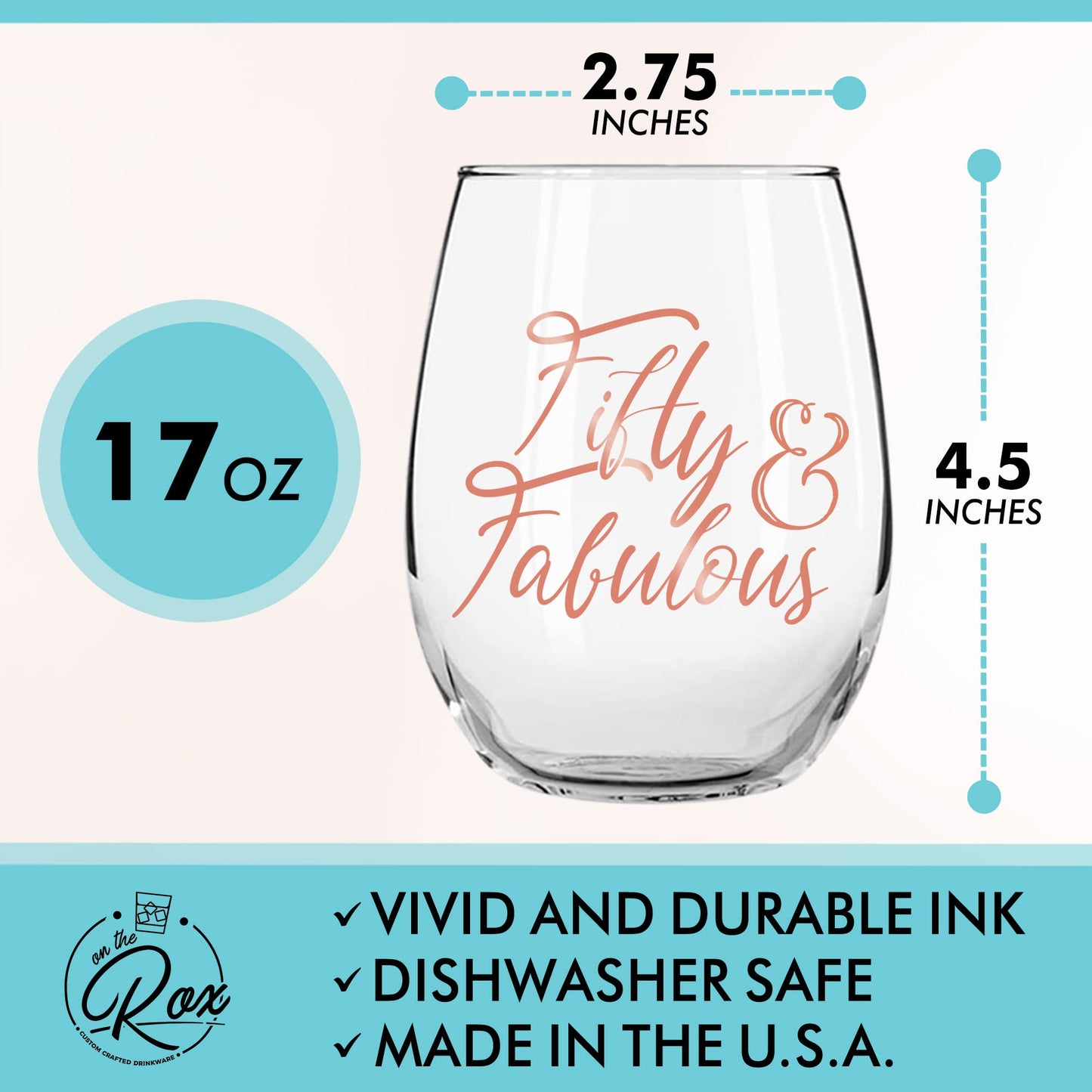 On The Rox Drinks 50th Birthday Stemless Wine Glass for Women - 50 & Fabulous - 17 oz