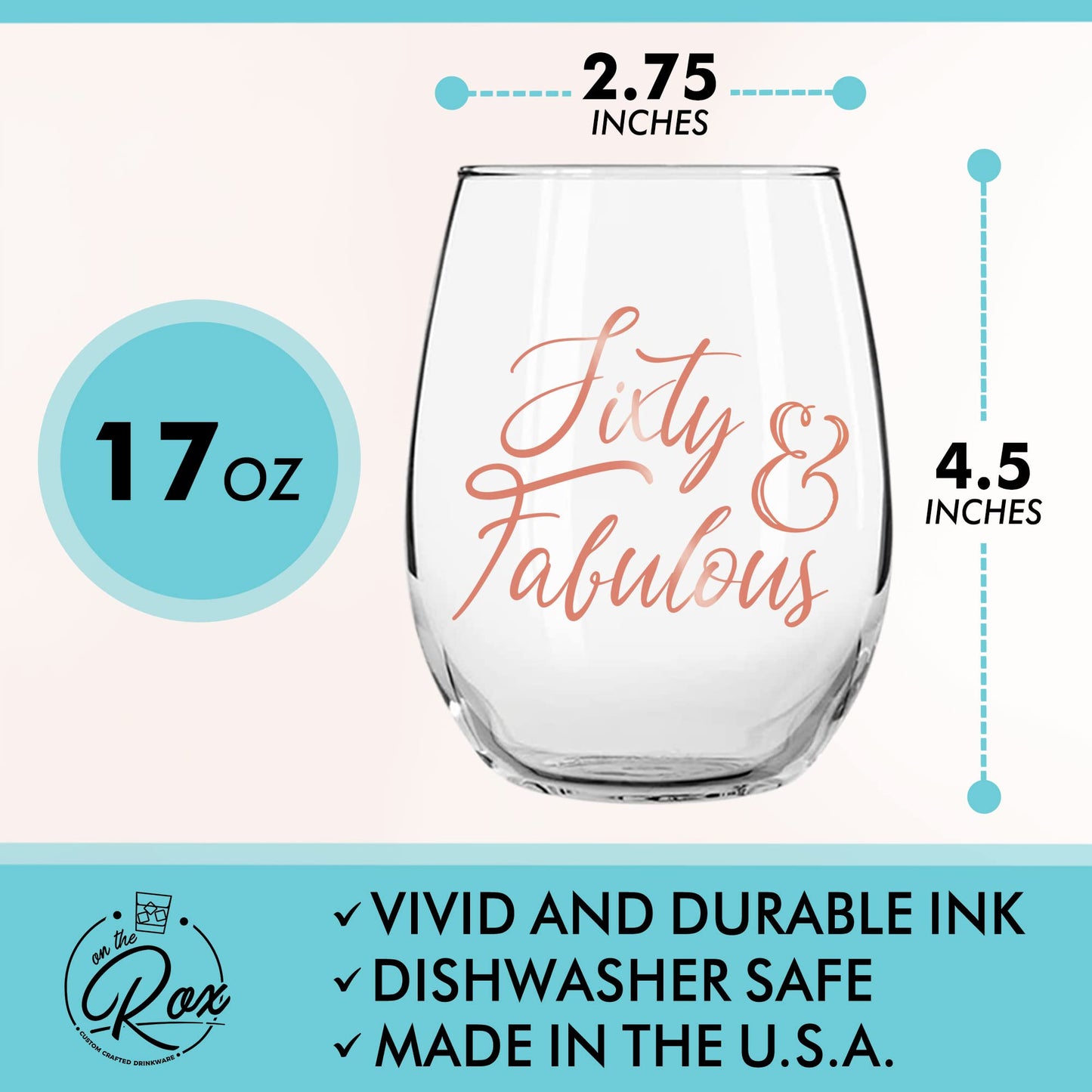 On The Rox Drinks 60th Birthday Stemless Wine Glass for Women - 60 & Fabulous - 17 oz