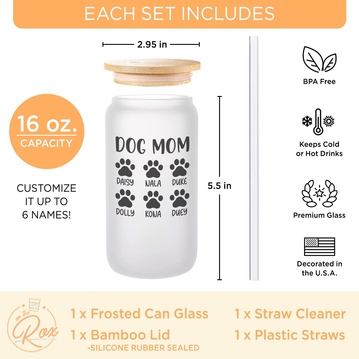 Personalized Dog Mom Gifts For Women - Custom 16oz Frosted Beer Can Glass With Dog Names - Dog Mom Gifts for Mother’s Day, Birthday Gift for Fur Mama  - 1PC With Bamboo Lid And Straw
