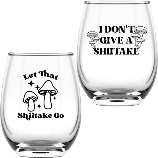 Mushroom Glass Gifts For Her and Him - 2PC Funny Wine Glass - 15oz Printed "I Don't Give A Shiitake", "Let That Shiitake Go"