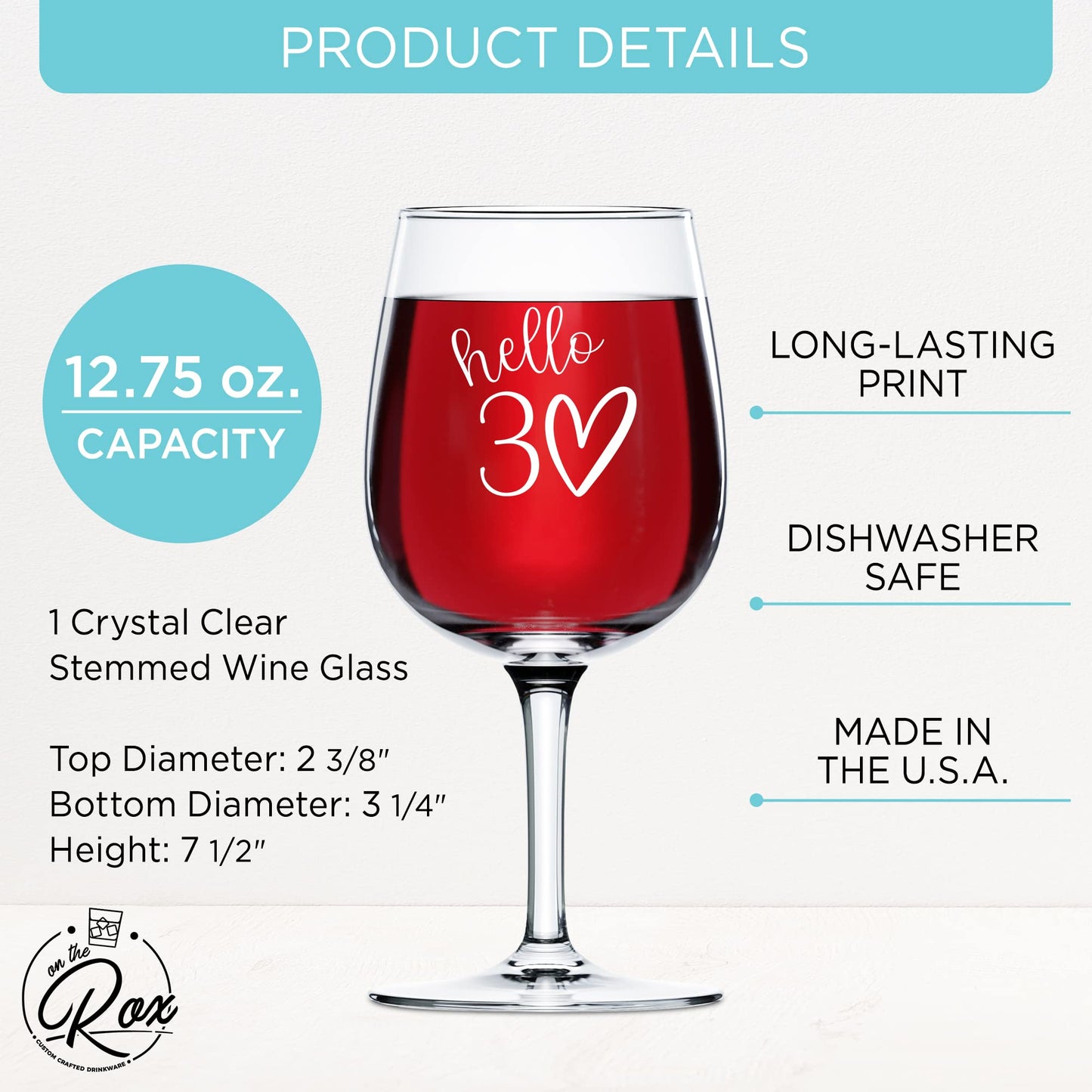30th Birthday Gifts For Her - 12.75oz “Hello 30” Stemmed Wine Glass