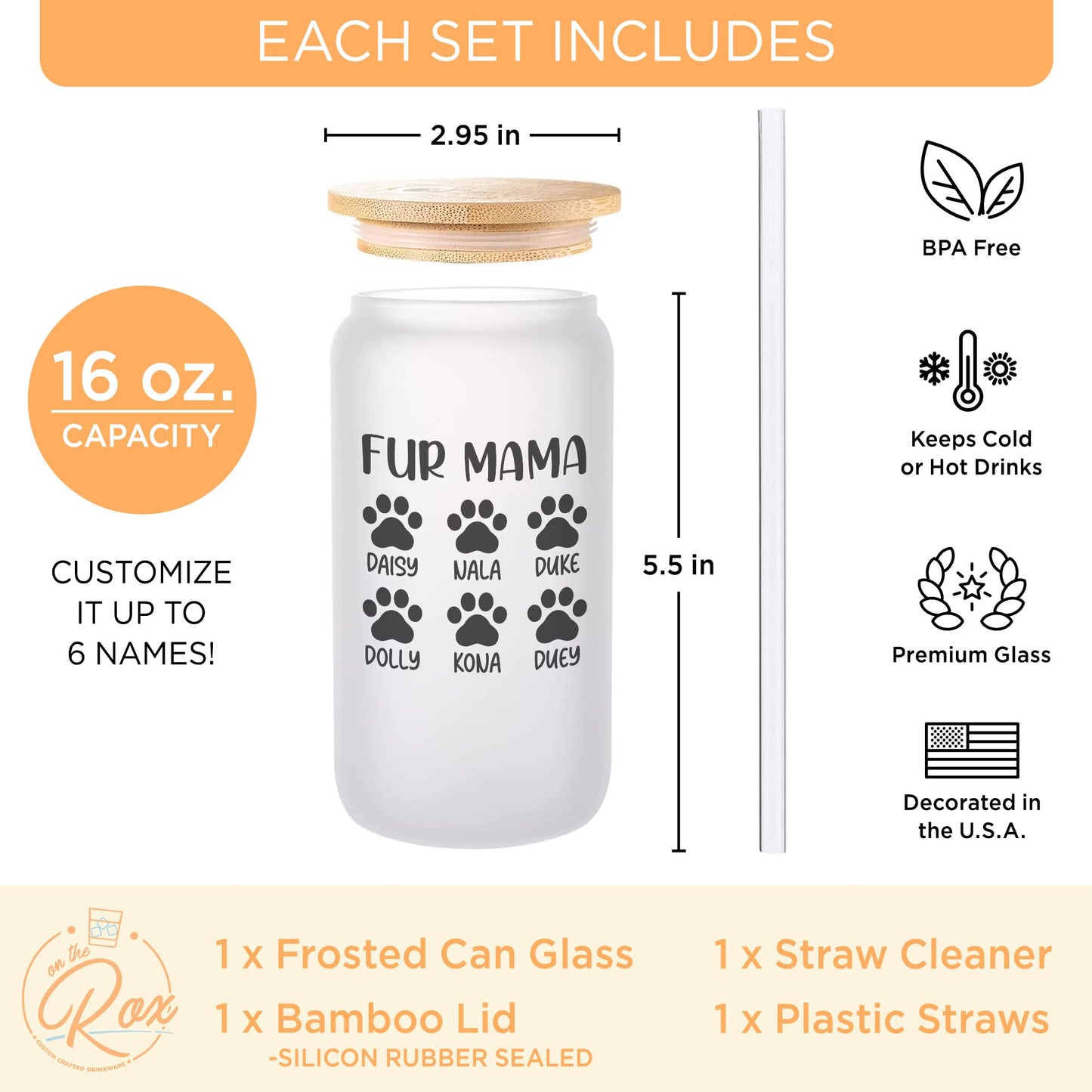 Personalized Fur Mom Gifts For Women - Custom 16oz Frosted Beer Can Glass With Pet Names - Fur Mama Gifts for Mother’s Day, Birthday Gift for Pet Parent  - 1PC With Bamboo Lid And Straw