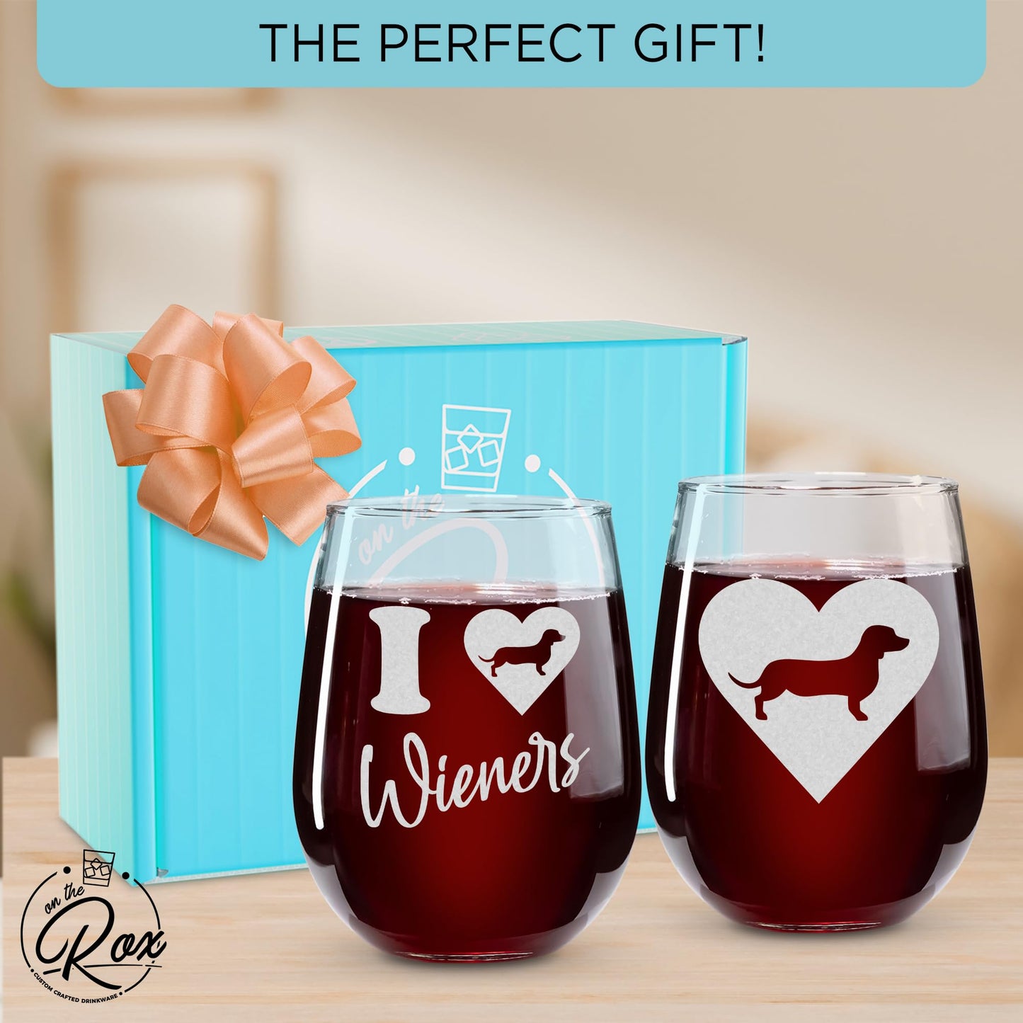 On The Rox Drinks Dachshund Gifts for Dog Lovers - I Love Wieners Stemless Dog Wine Glass Set of 2- Funny Cup, Tumbler, Stuff for Pet-Loving Mom, Grandma - Weenie Dog Gifts For Women