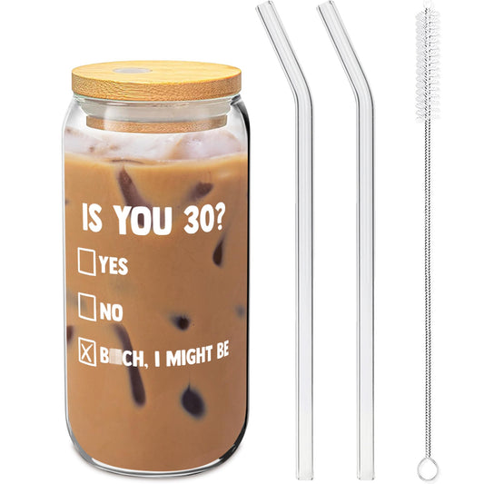 30th Birthday Gifts For Her - “Is You 30?” Soda Can Glass 20oz  w/ Bamboo Lid & Glass Straw Set