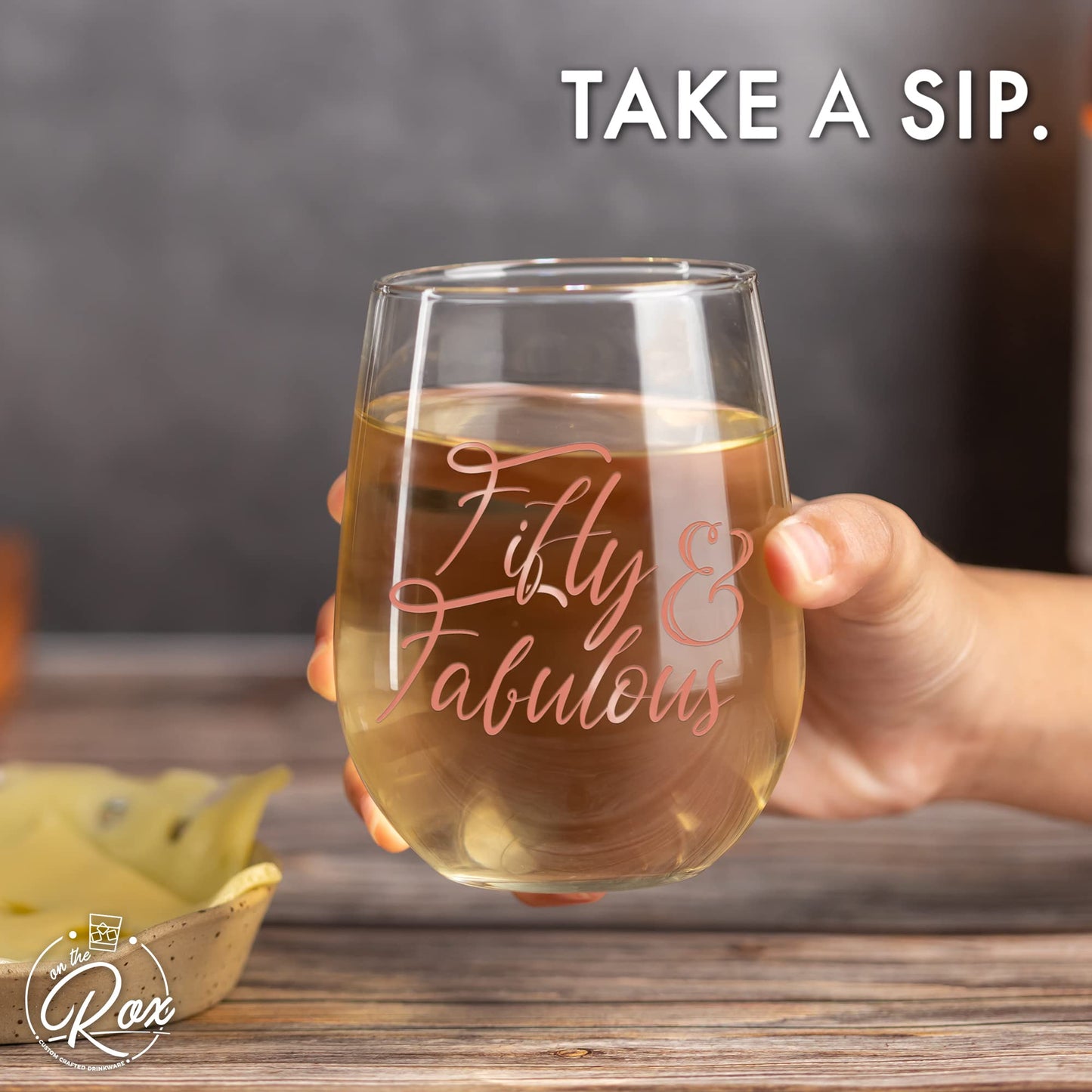 On The Rox Drinks 50th Birthday Stemless Wine Glass for Women - 50 & Fabulous - 17 oz