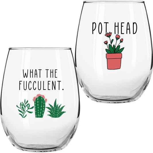 Succulent Plant Cactus Gifts for Women- Set of 2 Funny Wine Glasses 15oz - Plant Lover Gift Mug - What the Fucculent- Pot Head