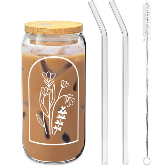 Aesthetic Floral Glass Gifts For Her - 20oz Iced Coffee Cup w/ Bamboo Lid & Glass Straw Set - Flower Coffee Cup