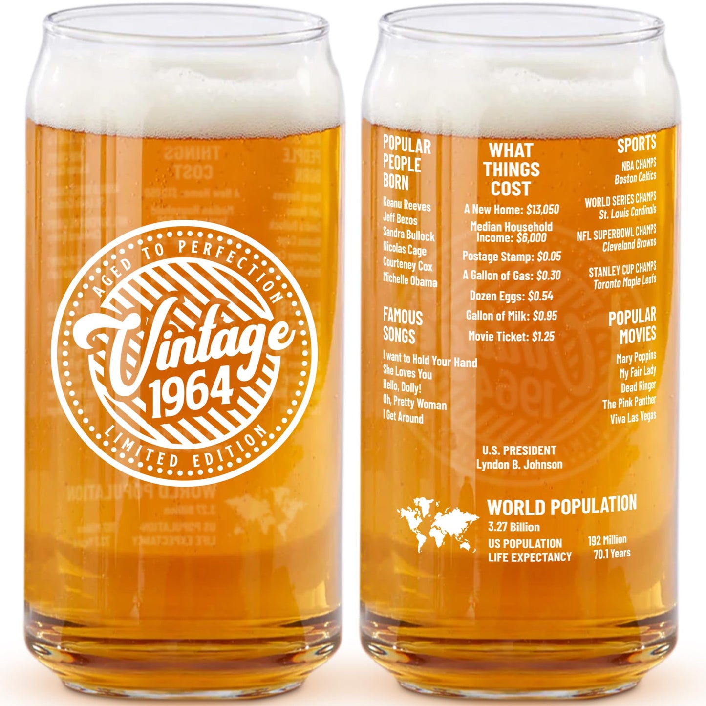 60th Birthday Gift For Men - 20 Oz Vintage - 60th Birthday Gift for Men Women - Vintage 1963 Two-Sided Beer Can Glass (1 Count)(1964)