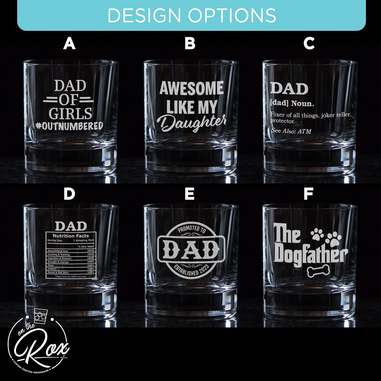 Whiskey Gifts for Dad- 11 Oz "Dad Nutrition" Engraved Whiskey Glass - Father's Day Gift, Dad Birthday Gifts From Daughter, Wife or Son - Bourbon Glass - Old Fashion Glass - 6 Designs To Choose From