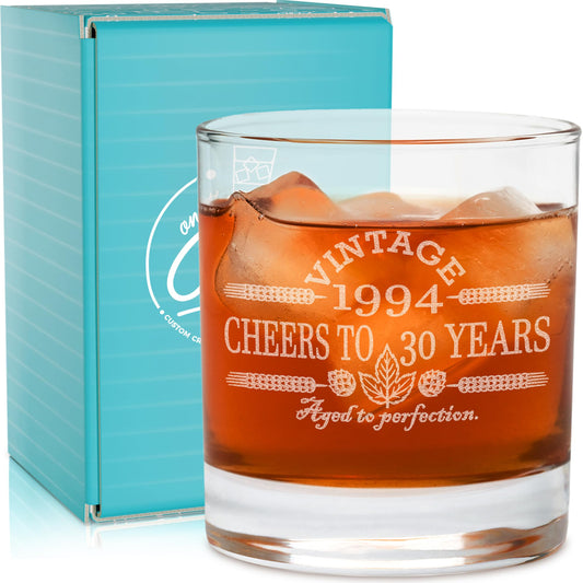 30th Birthday Gifts for Him - 11 oz Engraved Bourbon Glass - Vintage 1994 Cheers to 30 Year Old Birthday Gift for Men
