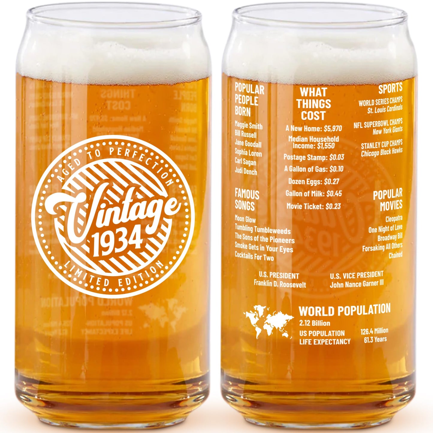90th Birthday Gifts For Men & Women - Vintage 1934 20 Oz Double-Sided Beer Can Glass (1 Count) - Beer Can Glass Gift for a 90 Year Old Dad, Grandpa - Funny Glass Gift for His or Her 90th Birthday