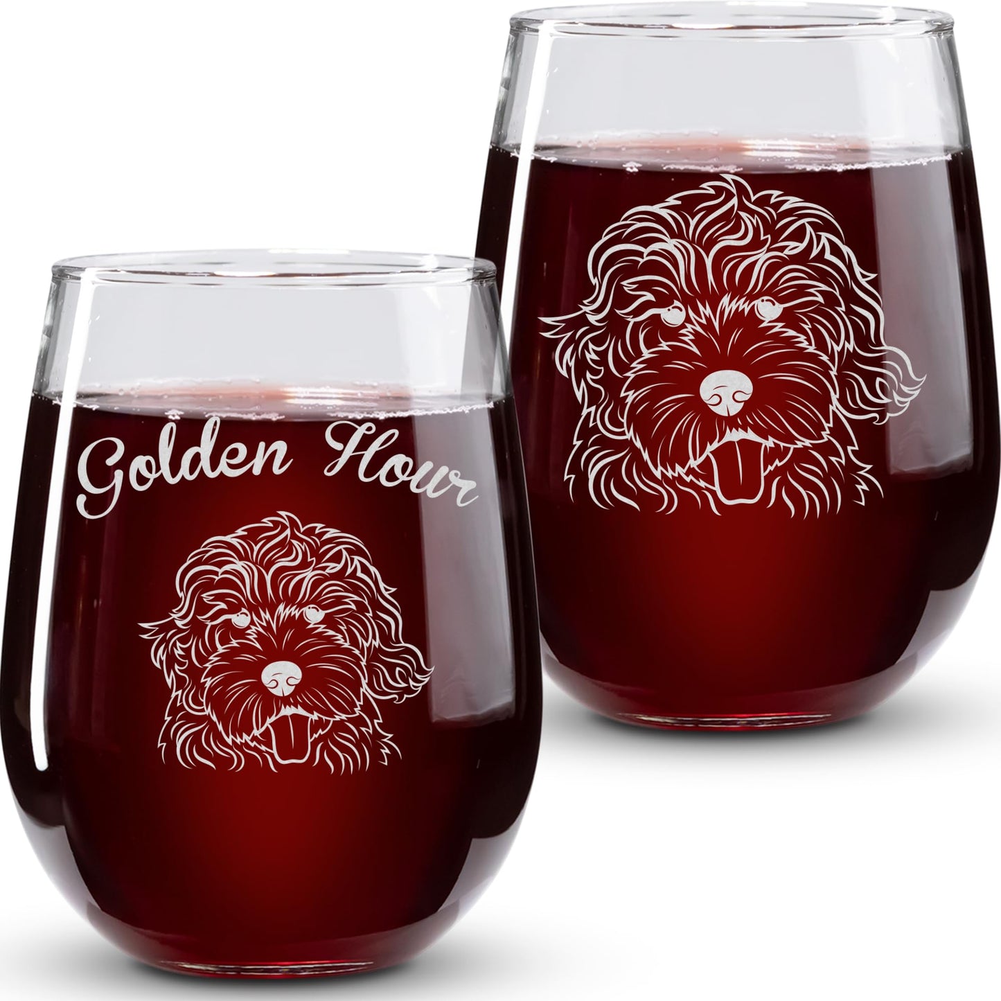 On The Rox Drinks Dog Gifts for Women - 17 Oz Golden Hour Stemless Wine Glass Set of 2 - Golden Doodle Gifts, Accessories for Golden Doodle Lovers - Funny Golden Retriever-Poodle Wine Cups for Mom