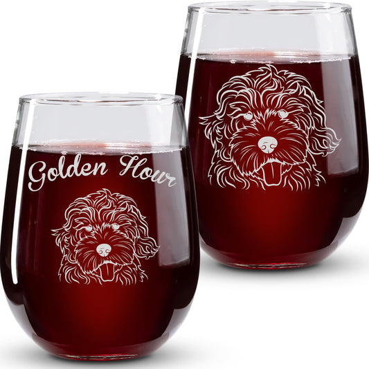 On The Rox Drinks Dog Gifts for Women - 17 Oz Golden Hour Stemless Wine Glass Set of 2 - Golden Doodle Gifts, Accessories for Golden Doodle Lovers - Funny Golden Retriever-Poodle Wine Cups for Mom