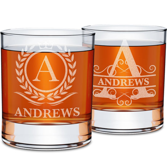 On The Rox Drinks Personalized Whiskey, Bourbon Glass Gifts for Men - 11 oz Engraved Name Monogram Scotch Glass Set of 2 - Customized Cocktail, Rocks, Brandy Glass