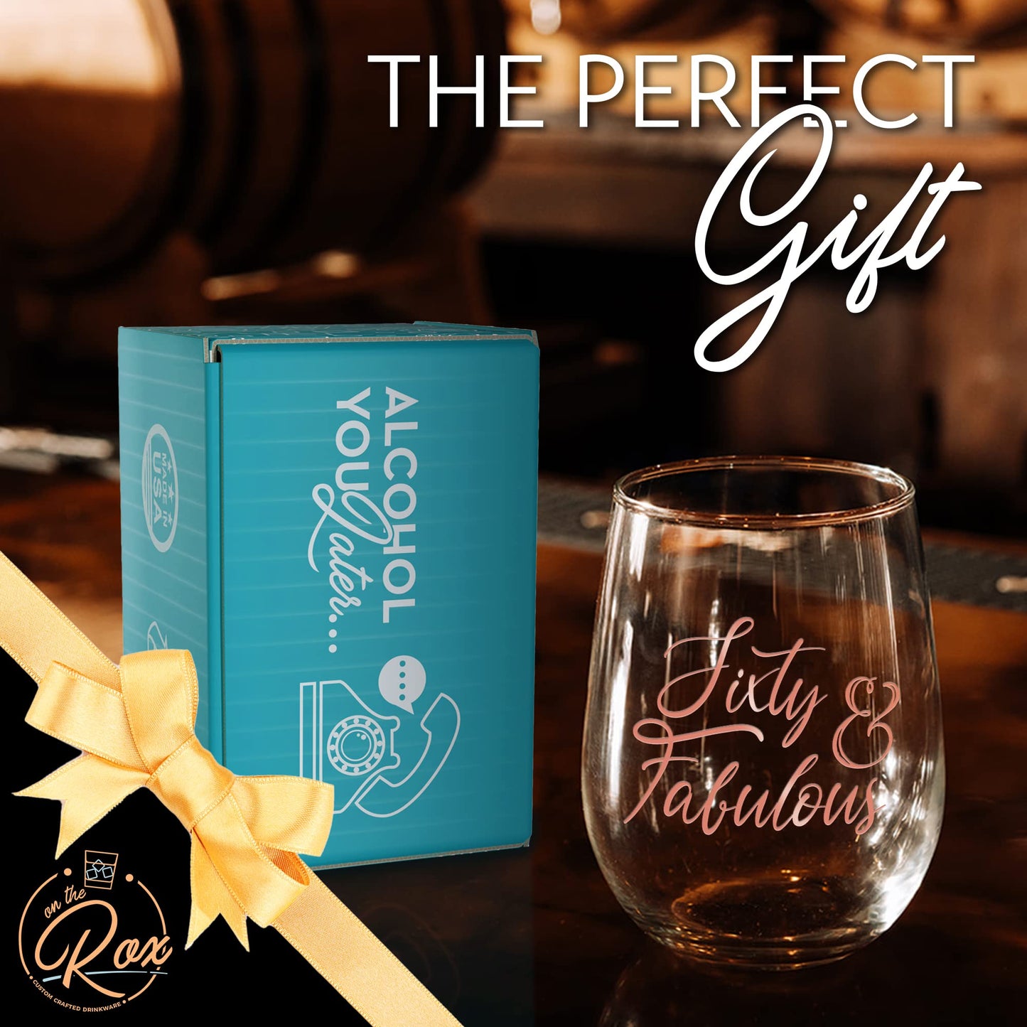 On The Rox Drinks 60th Birthday Stemless Wine Glass for Women - 60 & Fabulous - 17 oz