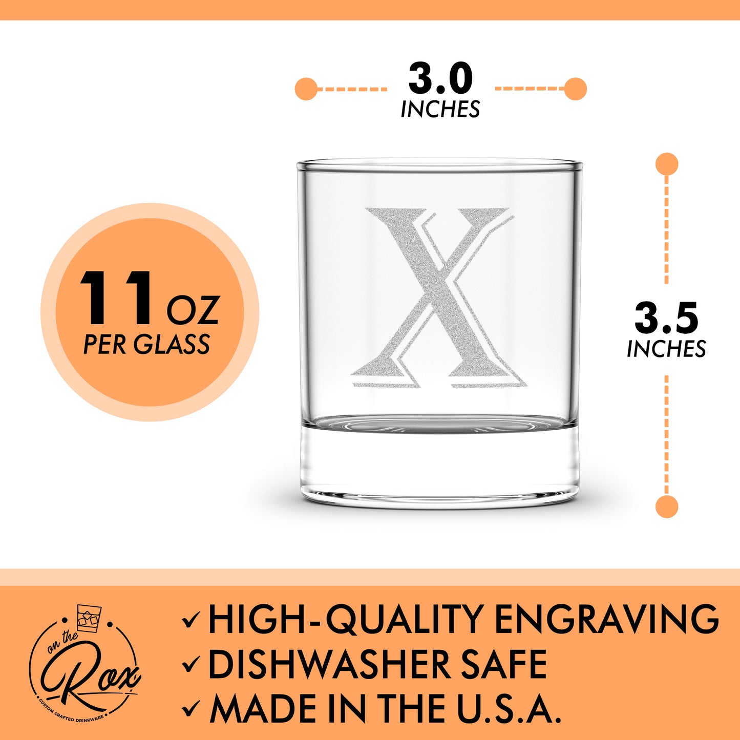 (X-Monogram)- 4 Piece Set of 11 Ounce Engraved Heavy Base Rocks Glasses- Quality Elegant Glass-Multi-Purpose Beverage-Rocks Glass- For any Occasion- By: On The Rox